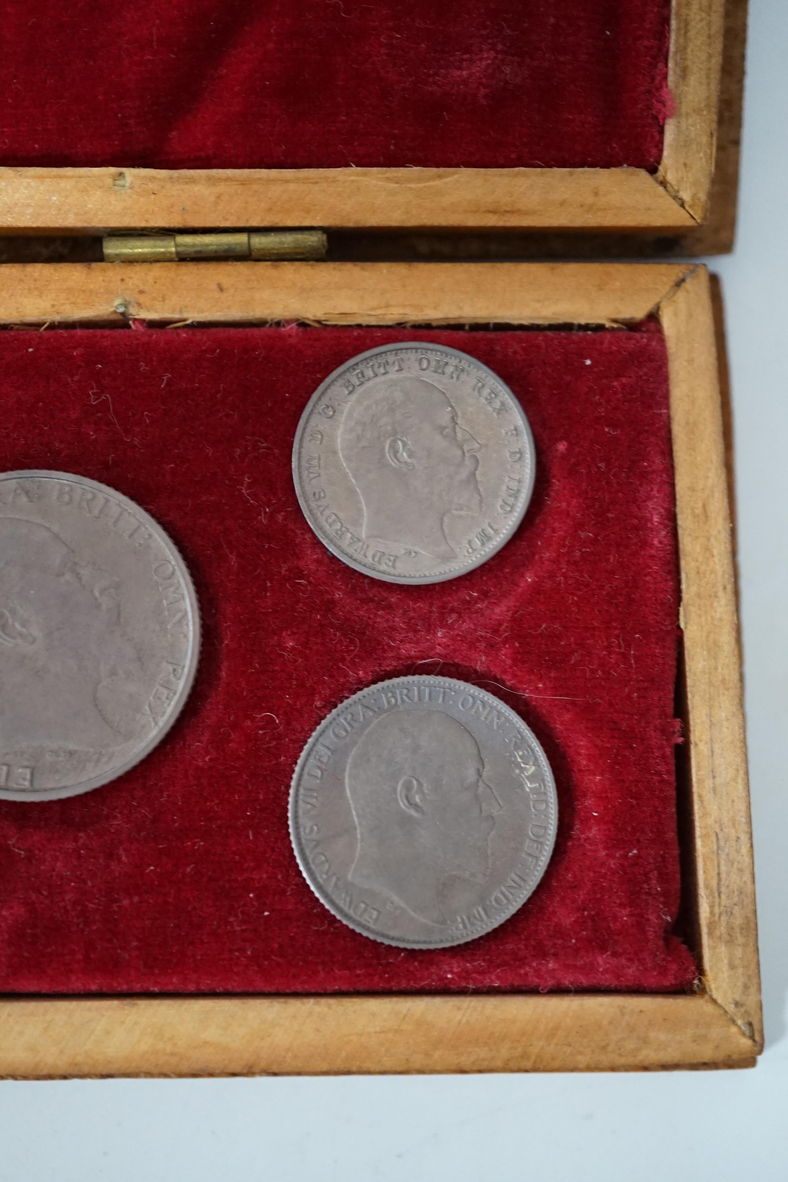 British silver proof coins, 1902 Edward VII matt proof six coin set ranging from crown to sixpence and a maundy fourpence, dark toning, associated case